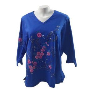 Indigo Moon  Women Top Size 2X Blue Floral